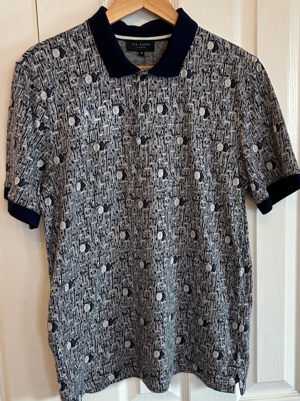 Ted Baker Navy White Patterned Polo Shirt Mens Size 3 M EUC